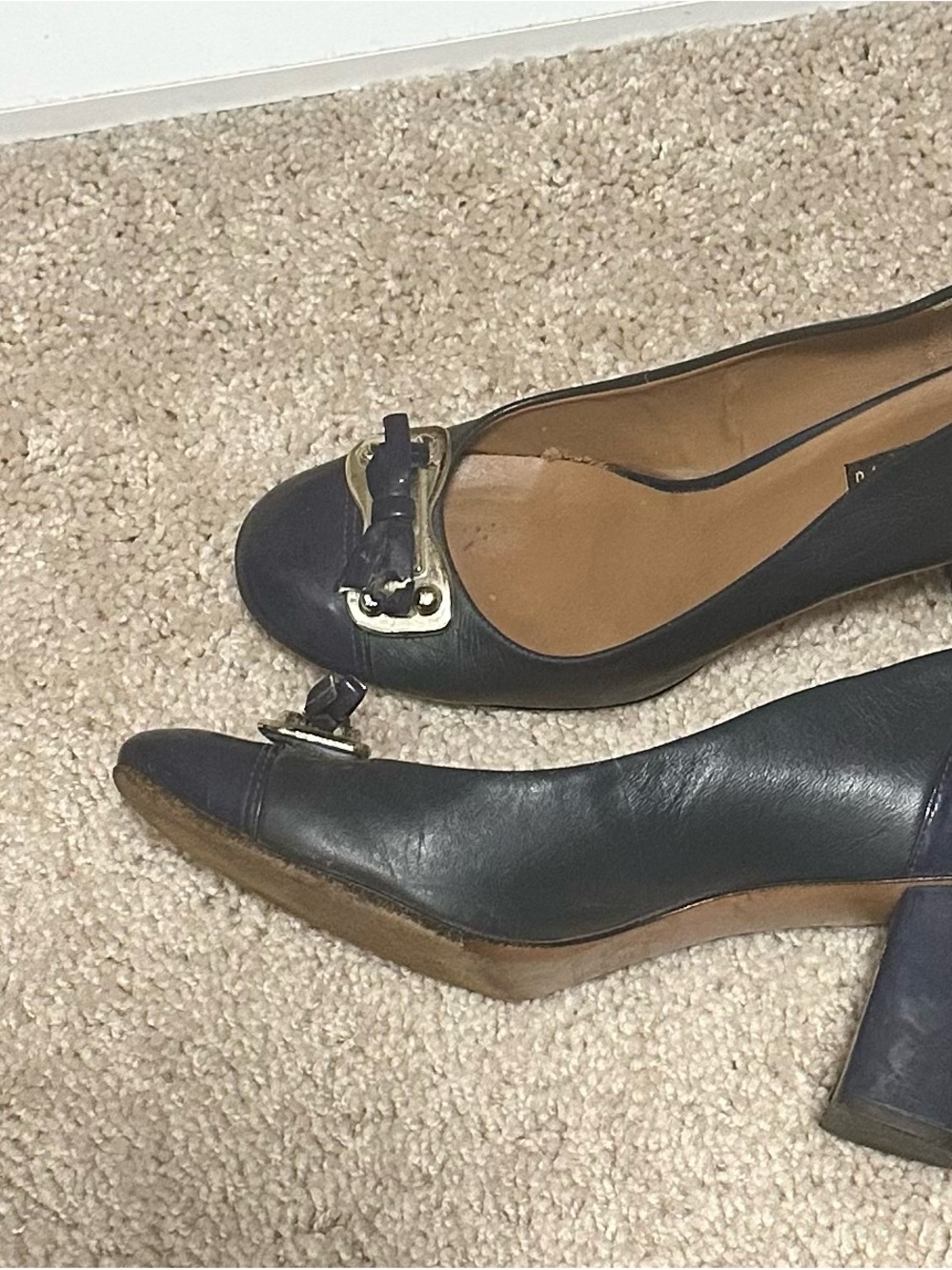 No Boundaries Navy Block Heel Pumps with Gold Accent
